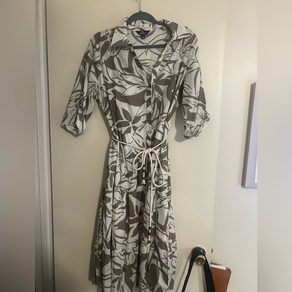 Mlle Gabrielle Khaki and White Leaf Pattern Cotton Tiered Dress